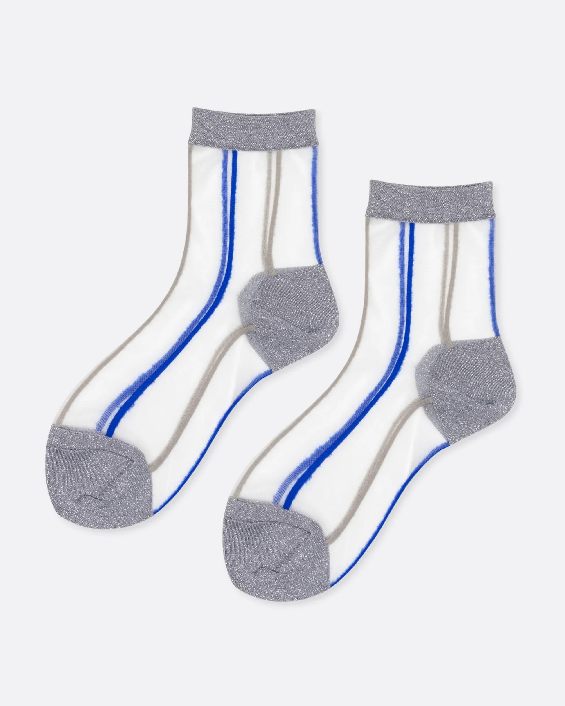 A pair of sheer crew socks with silver toes, ankles, and heels and blue and silver stripes. Shown from the side.