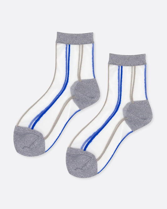 A pair of sheer crew socks with silver toes, ankles, and heels and blue and silver stripes. Shown from the side.