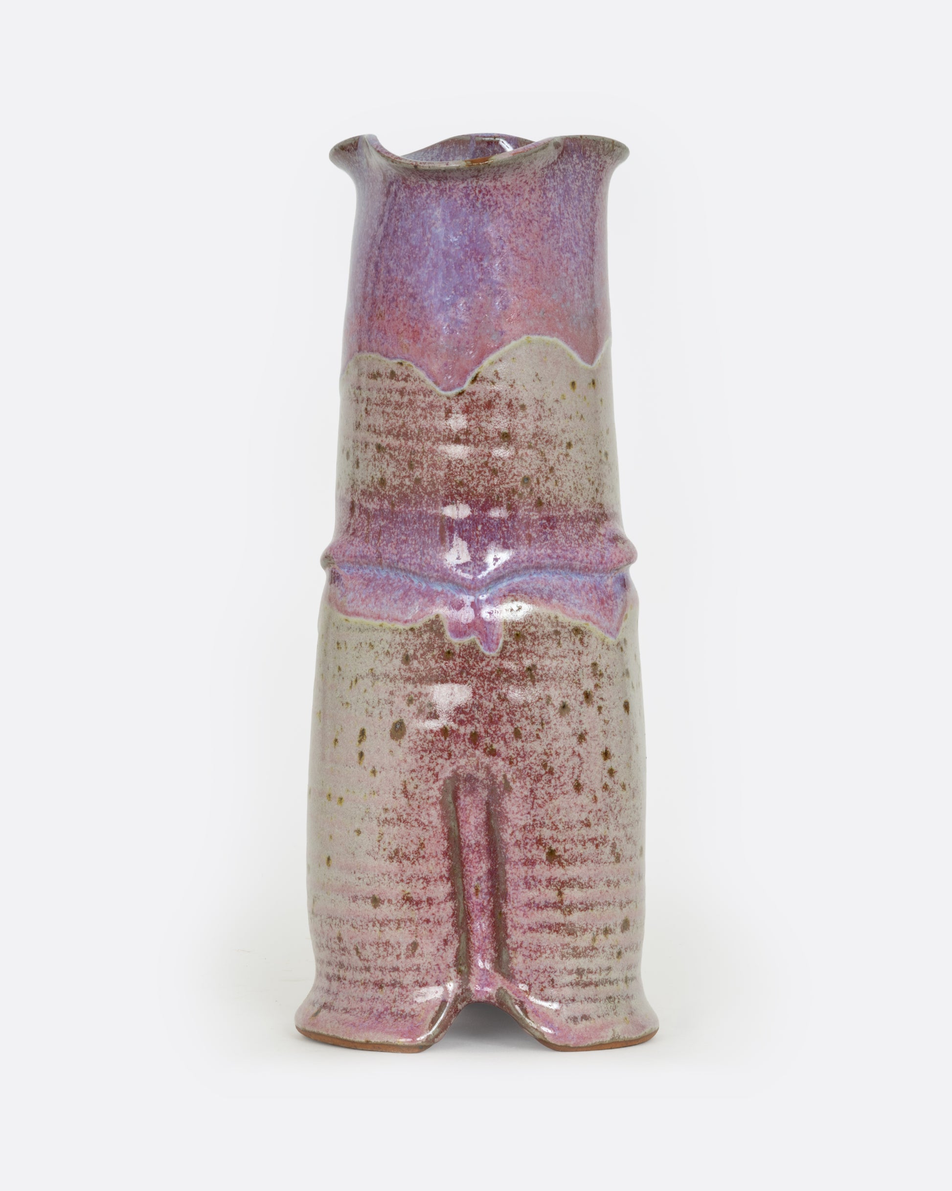 A tall ceramic vase with a tiered silhouette, fluted top, and gray and lavender color scheme. Shown from the front.