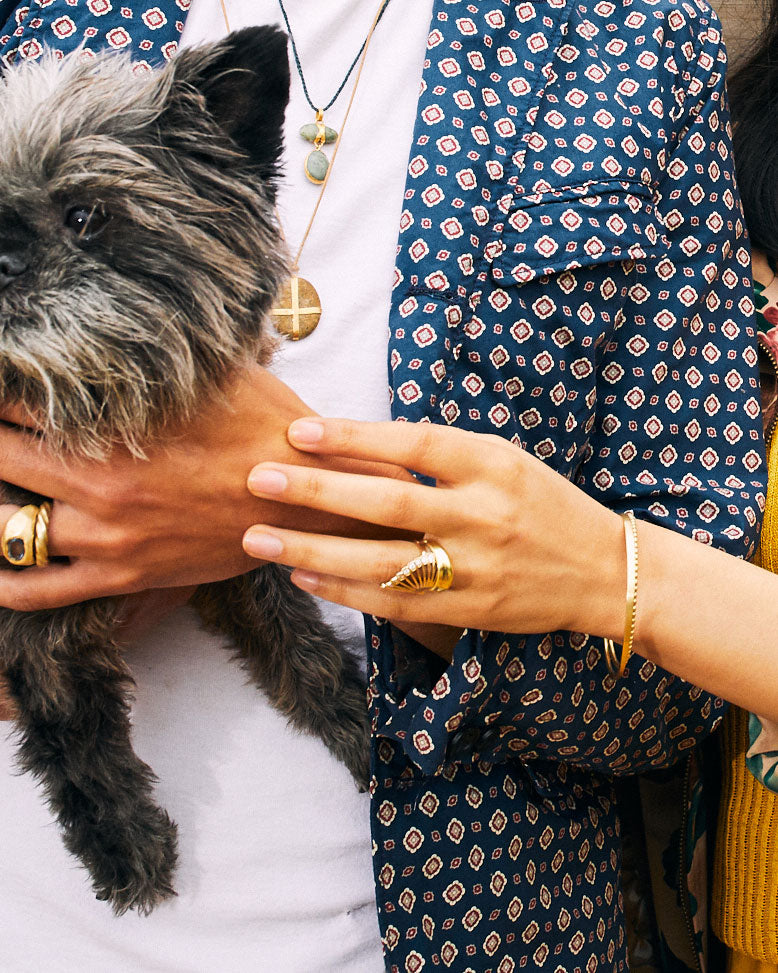 womans hand with the fan ring on it reaches out to pet a dog