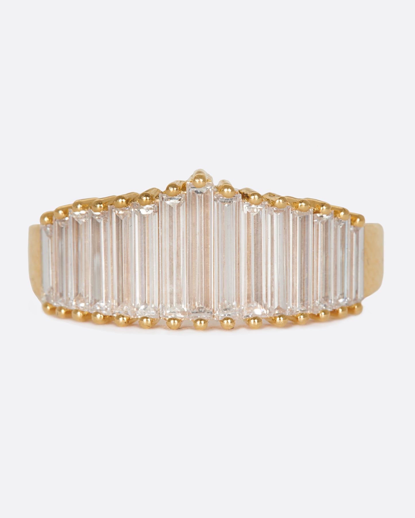 A wide crown ring of baguette diamonds, just as magnificent on its own as it is stacked.