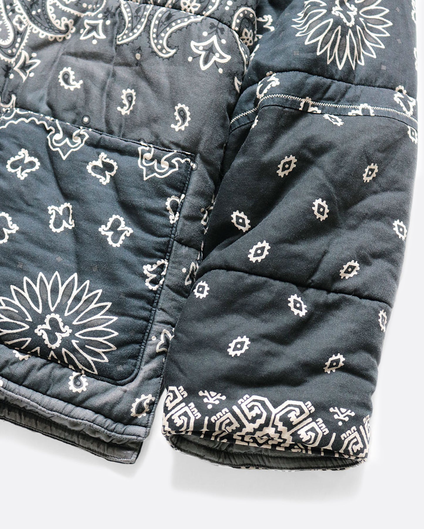 A close up of the sleeve on the black quilted patchwork bandana jacket.