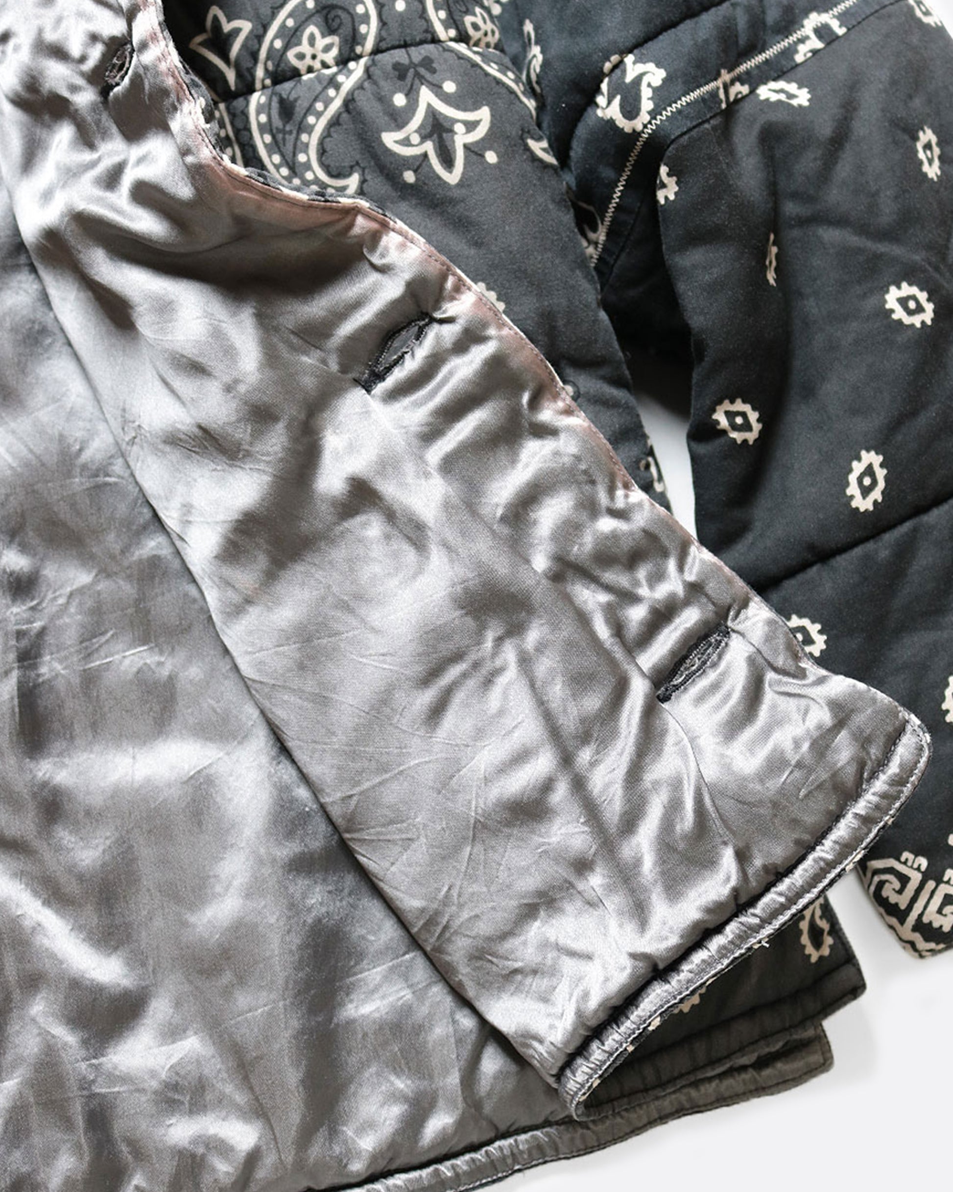 A close up of the lining on the black quilted patchwork bandana jacket.