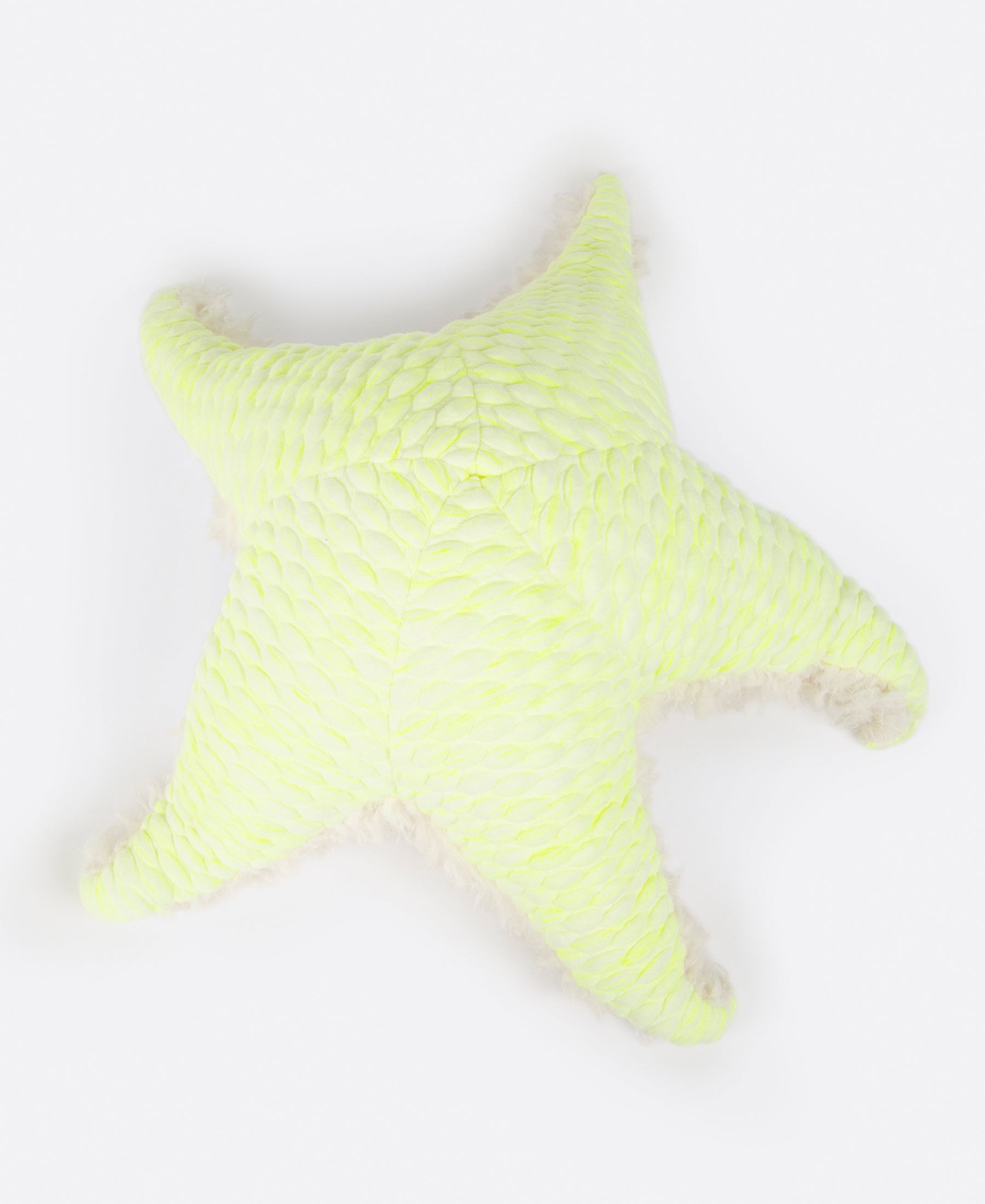 A neon yellow starfish stuffed animal, shown from above.