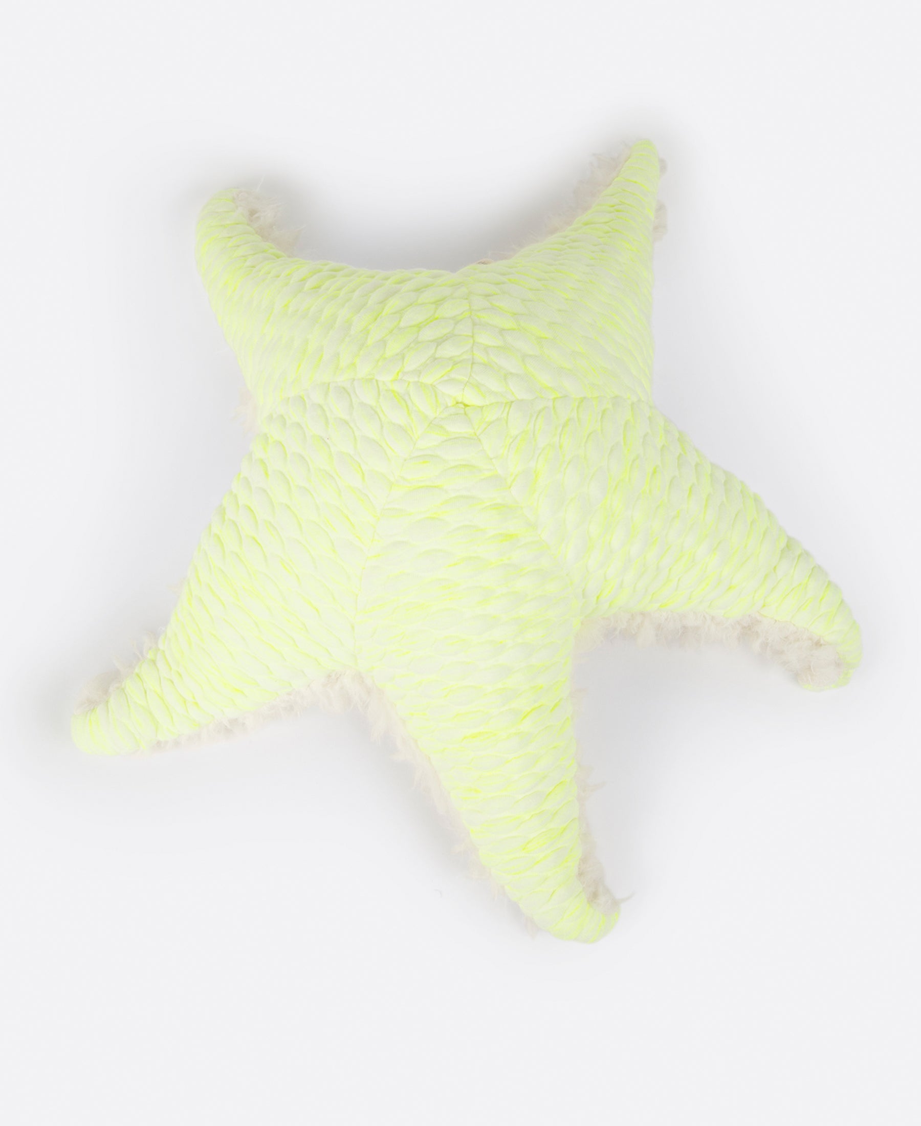 A neon yellow starfish stuffed animal, shown from above.