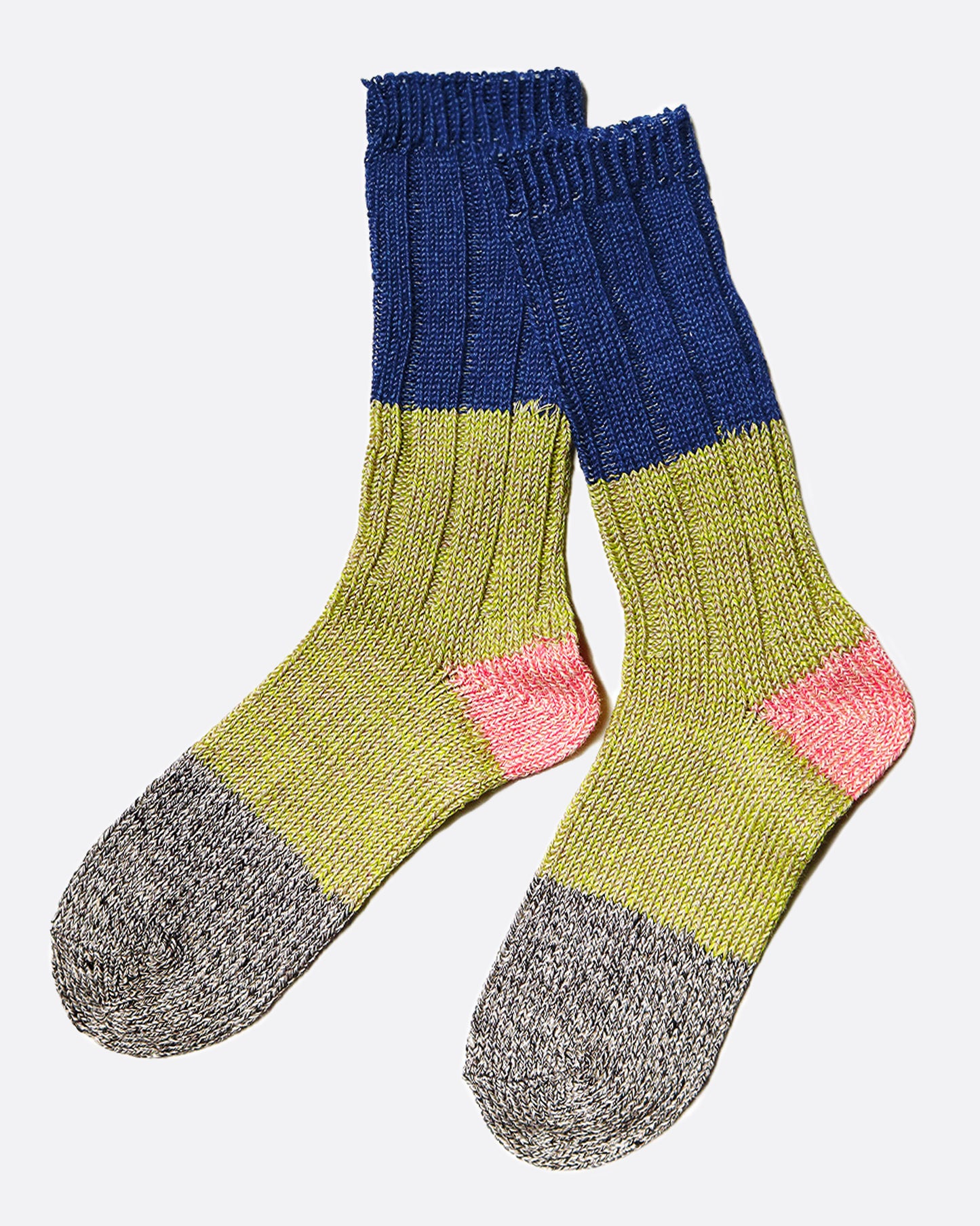 Color blocked linen tube socks in a mix of green, blue, gray and pink.