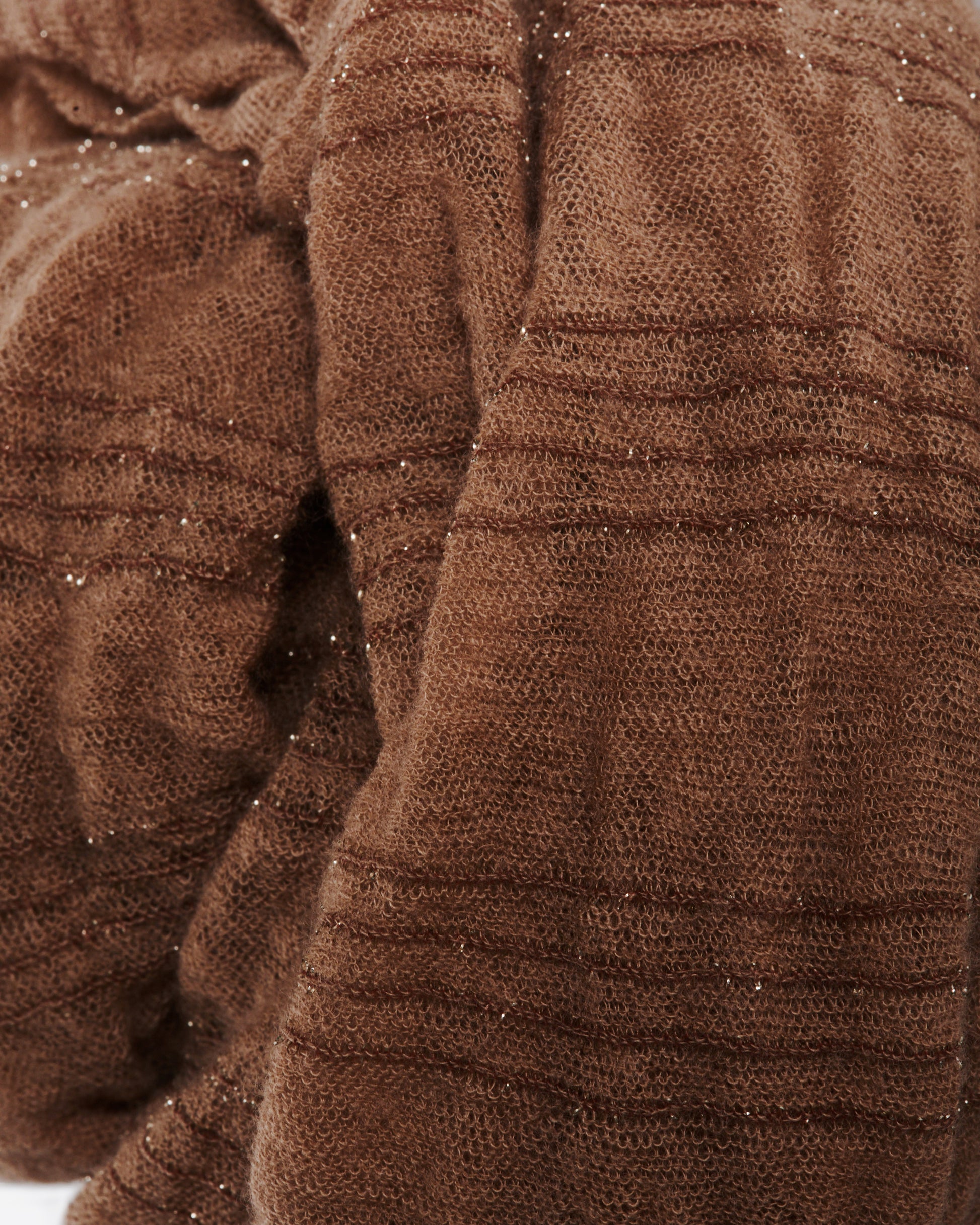 A cashmere, mocha-colored scarf with sparkly lurex stripes.