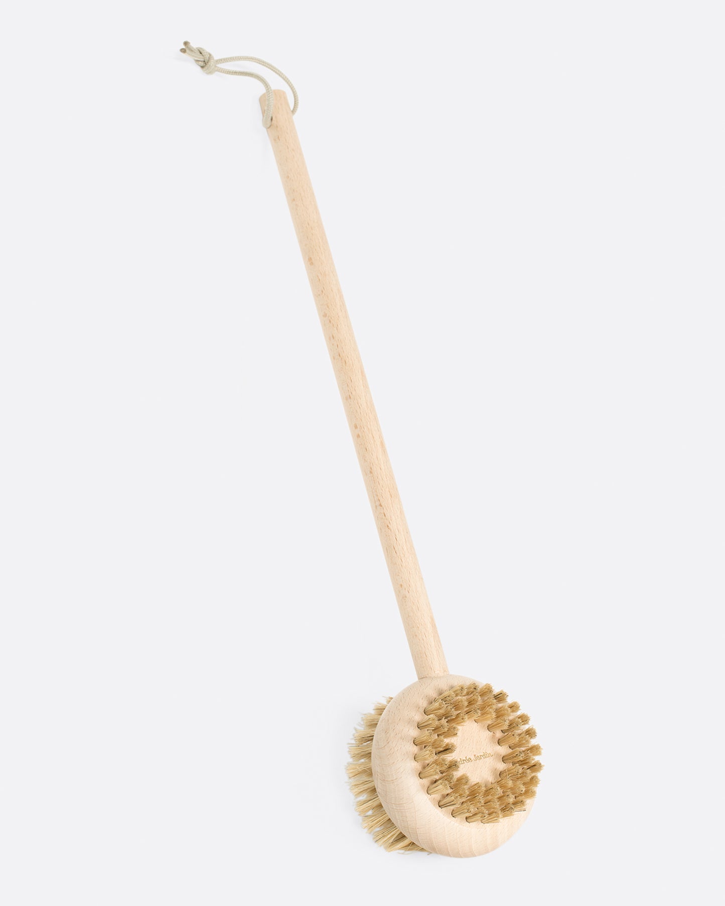 A round beechwood body brush with bristles on both sides, shown standing.