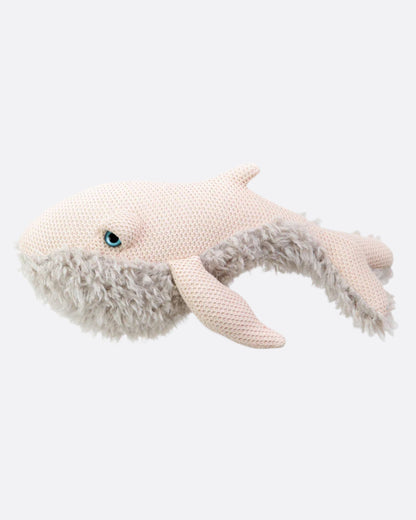 Big Stuffed small mama whale plush, a soft pale pink knit whale with a fluffy gray belly and blue eyes