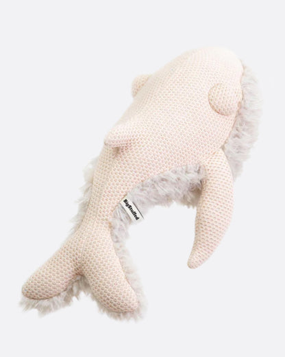 Pink and gray whale plush toy, top view of the whale