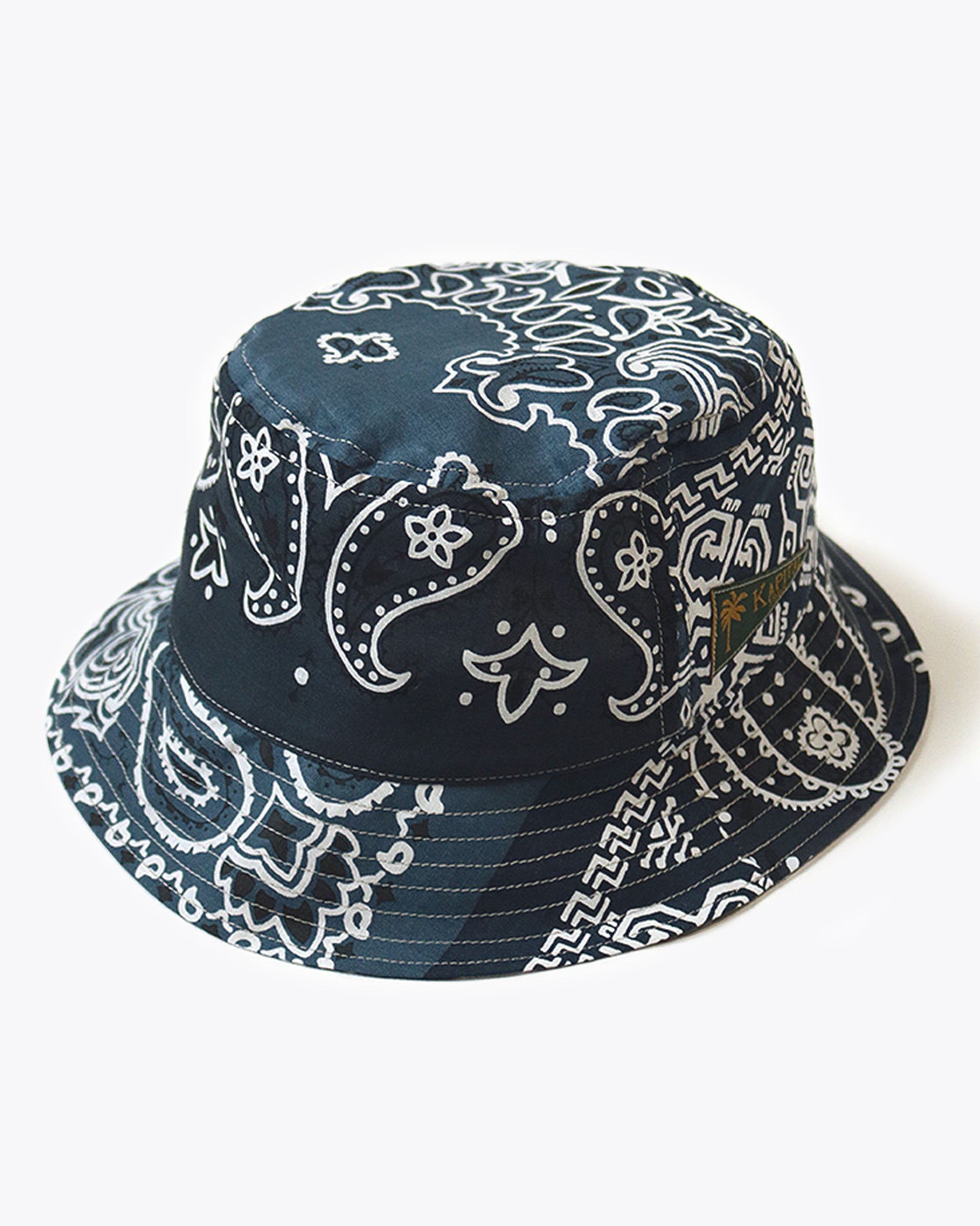 A colorful bucket hat made from vintage bandana patchwork fabric.