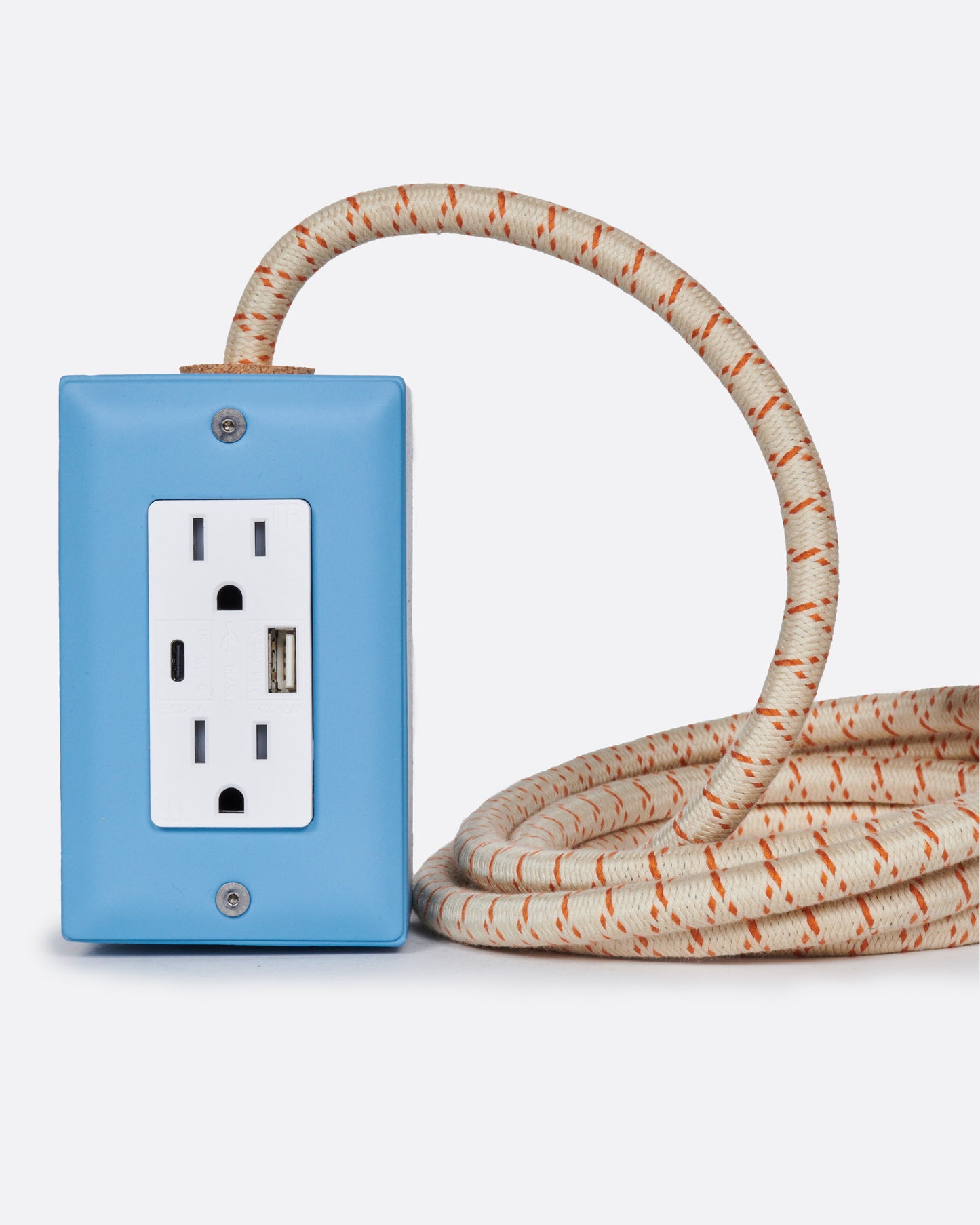 A handmade extension cord that utilizes smart USB and USB C technology to charge your device faster by identifying it and sending it a matching charge.