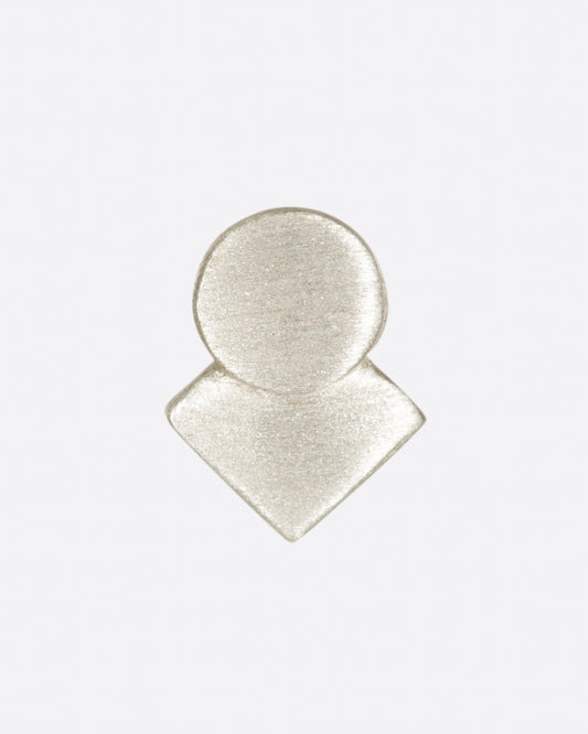 Sterling silver square stud earring with overlapping circle and matte finish.