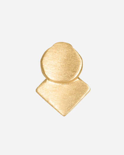 A yellow gold stud earring with overlapping circle and matte finish. Shown from the front.