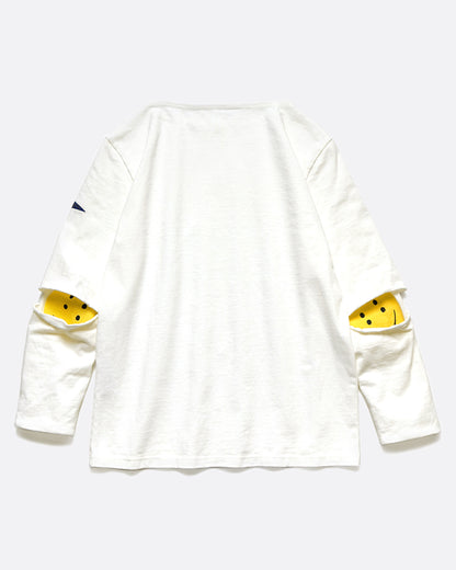 A white long sleeve shirt with hidden yellow smileys peeking out at the elbows. Shown from the back.