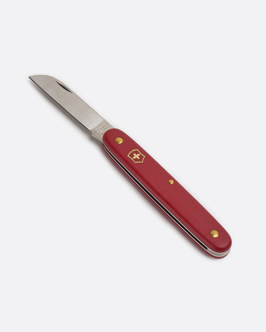Victorinox floral knife with red handle, shown open