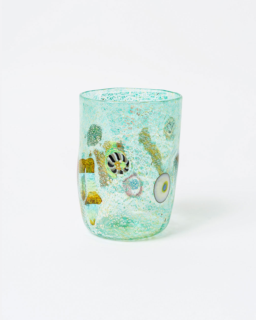 Green hand blown murano glass cup, shown from the front.