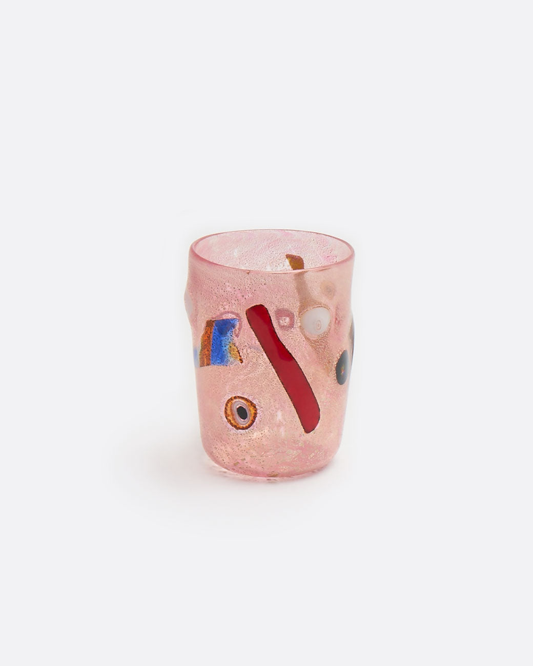 Pink hand blown murano glass cup, shown from the front.