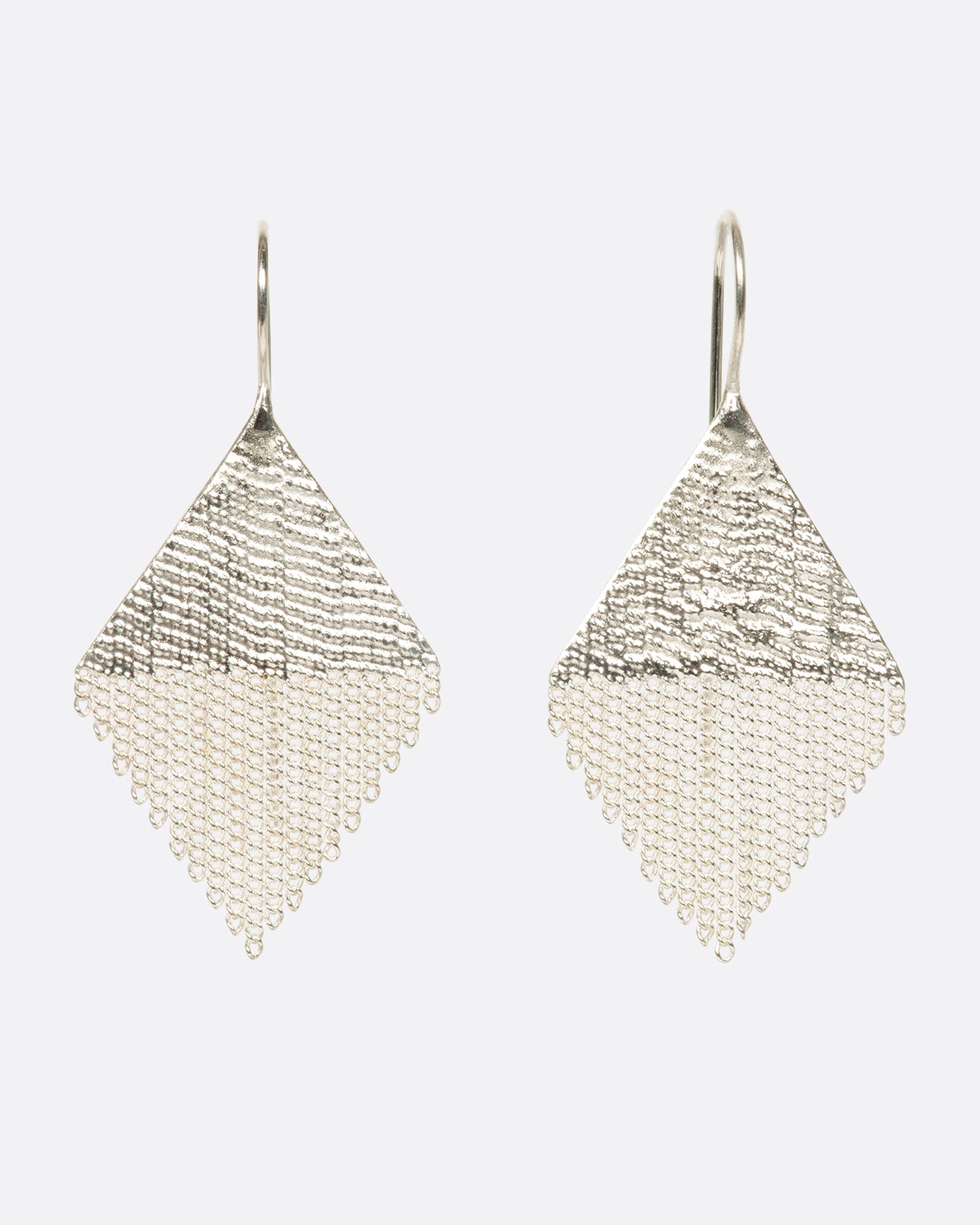 A pair of diamond shaped drop earrings made from sterling silver chains and silver solder.