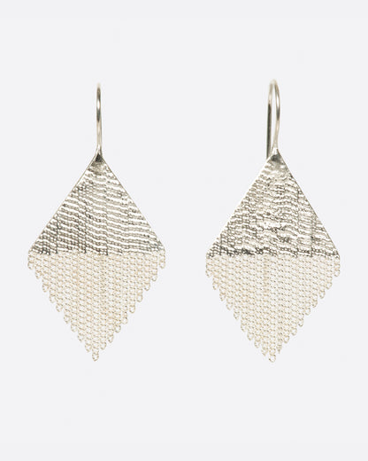 Hannah Keefe Confetti earrings in silver, diamond shapes made of fine silver strands hanging from long hooks