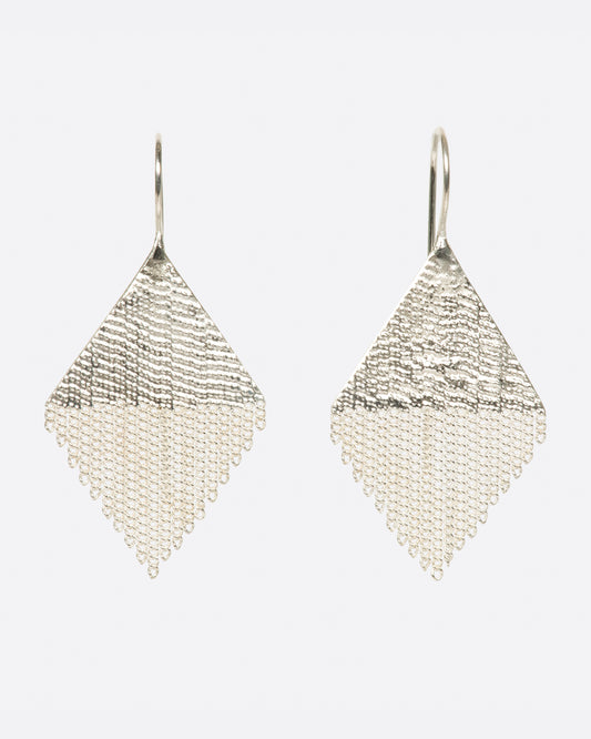 A pair of diamond shaped drop earrings made from sterling silver chains and silver solder.