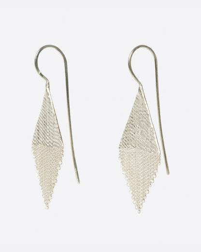 Silver strand diamond-shaped earrings, side view of the pair