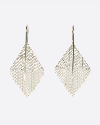 Silver strand diamond-shaped earrings, front view of the pair