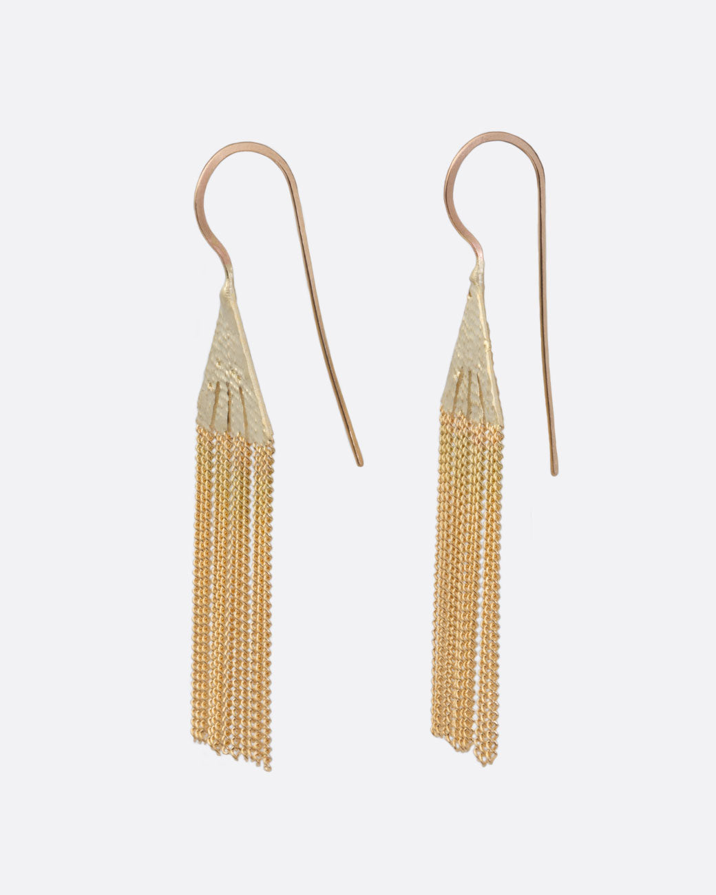 18k yellow gold icicle chain earrings by Hannah Keefe, shown from the side.