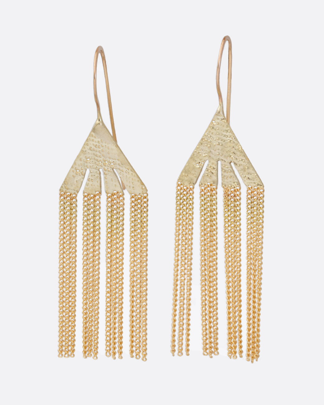 18k yellow gold icicle chain earrings by Hannah Keefe, shown from the front.