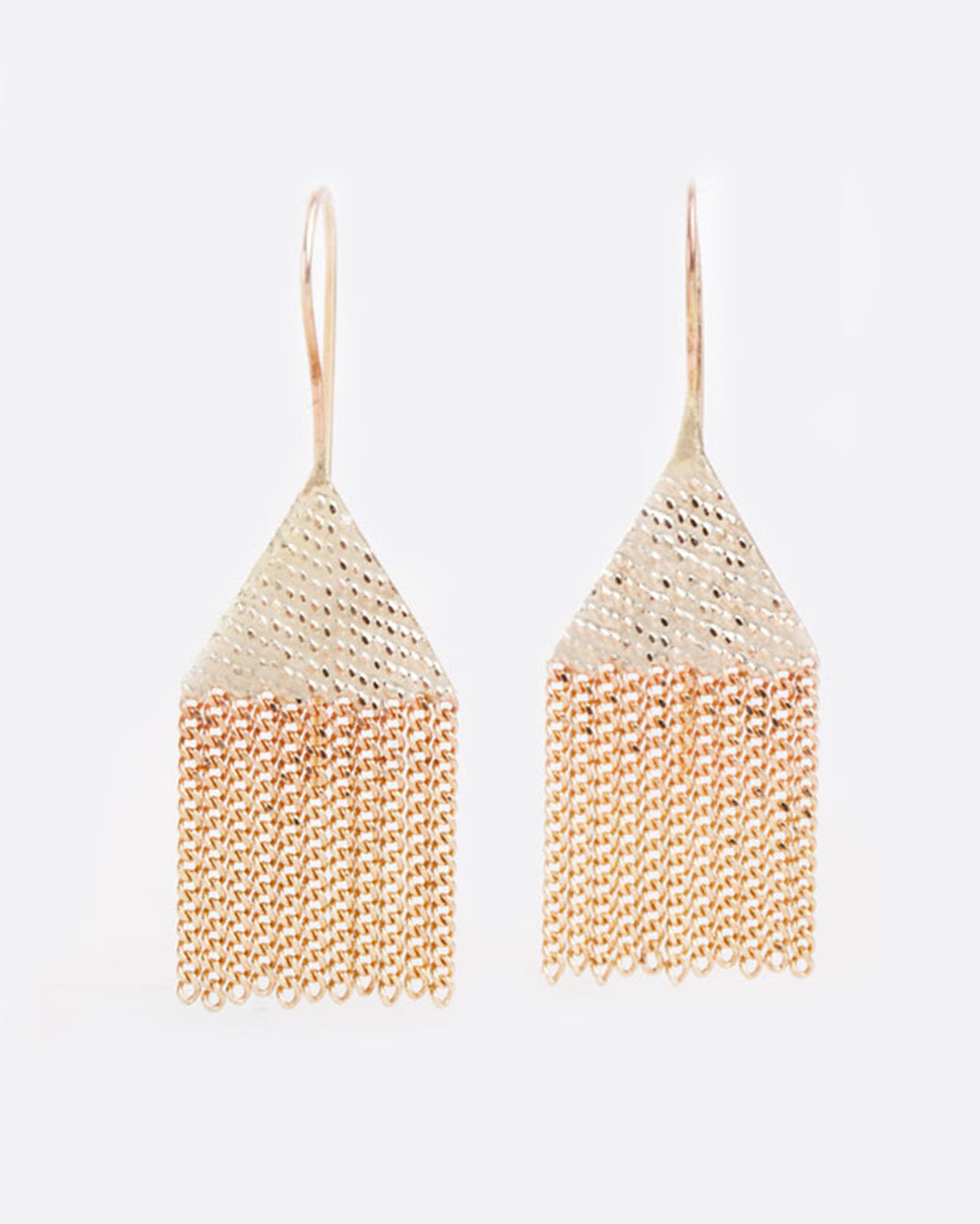 Triangular chain earrings with fringe drops, shown from the front.