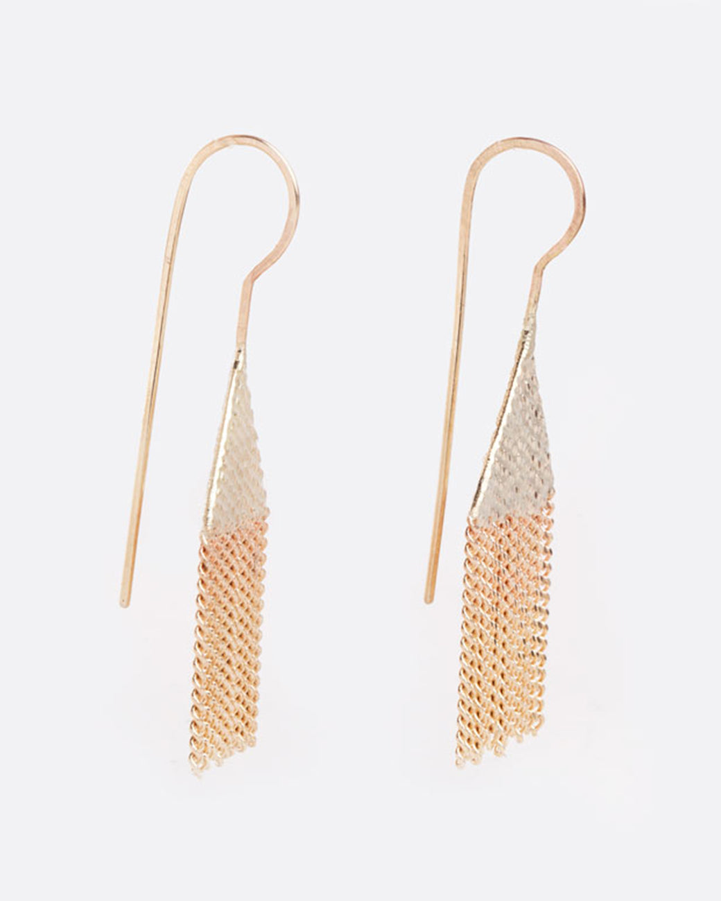 Triangular chain earrings with fringe drops, shown from the side.