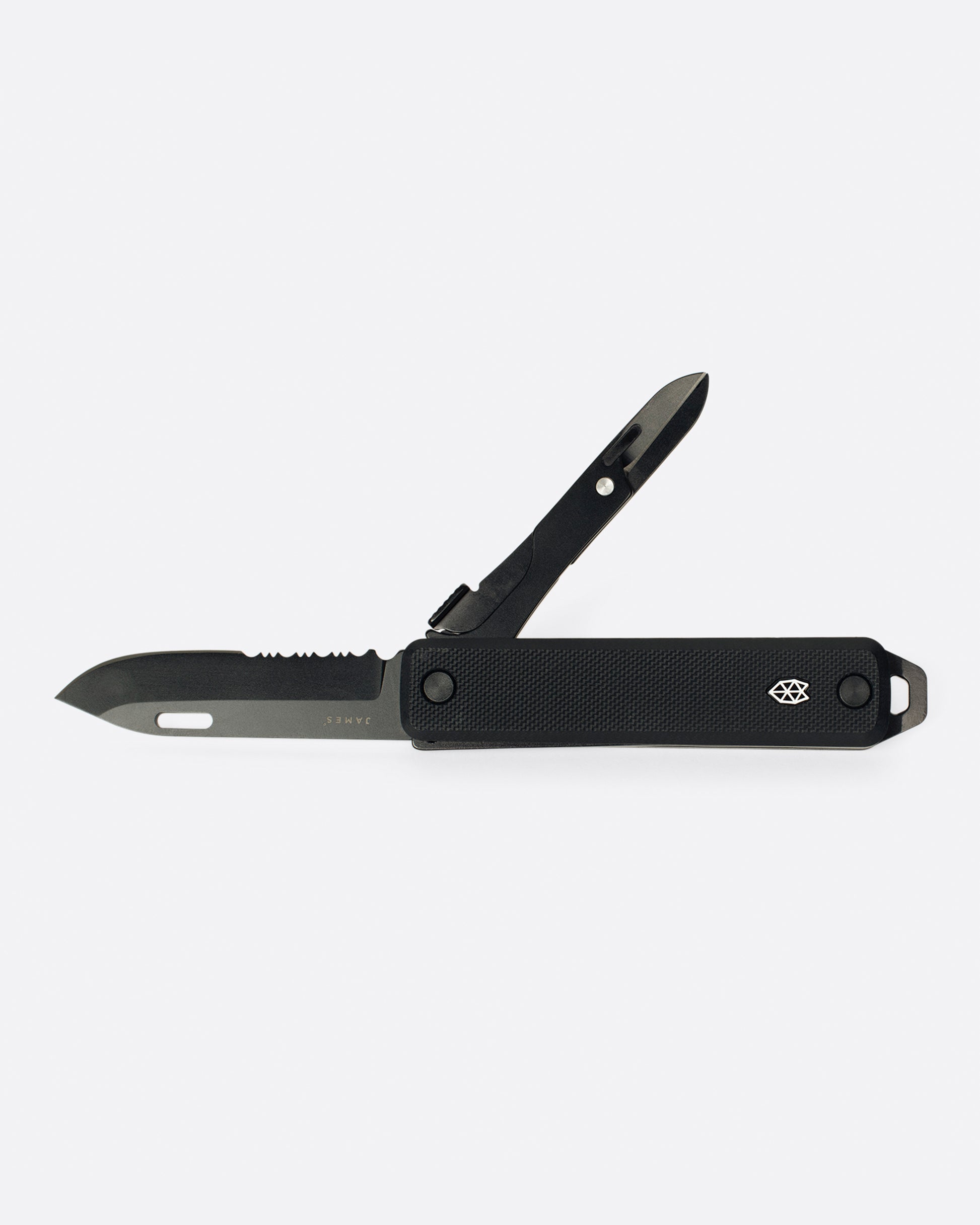 An all black pocket knife with a scissor attachment, shown open.