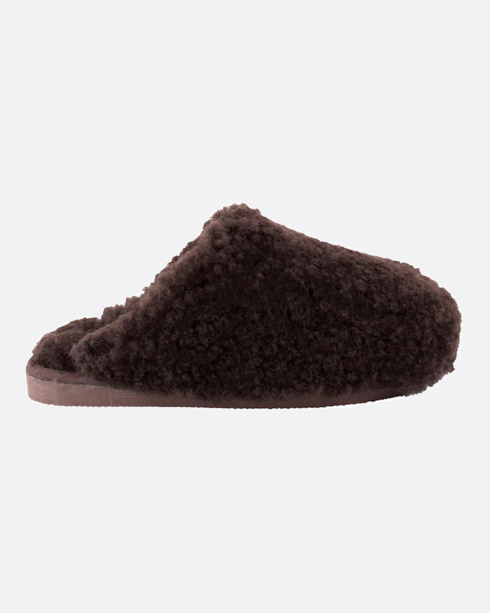 Dark brown sheepskin slipper, shown from the side.