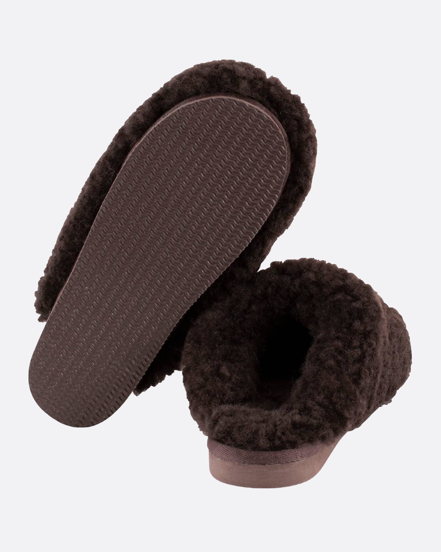 Dark brown sheepskin slipper, shown from the back.