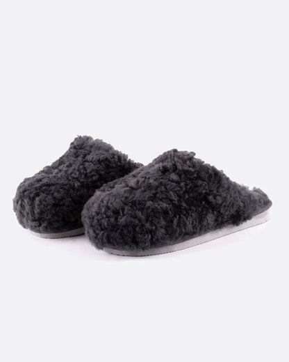 A pair of Jenny sheepskin slippers in charcoal gray, shown from the side.