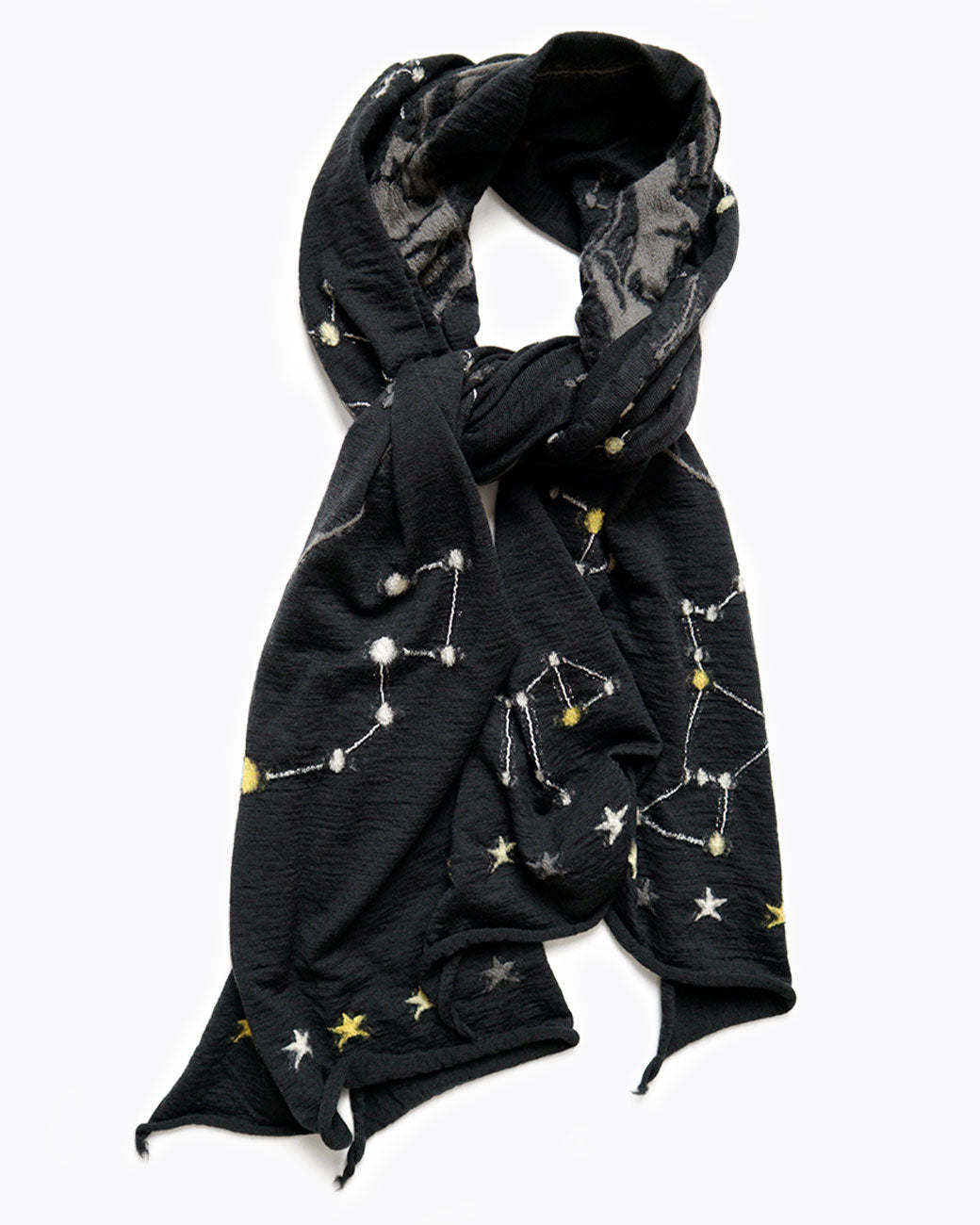 Kapital constellation scarf in black, shown wrapped up.