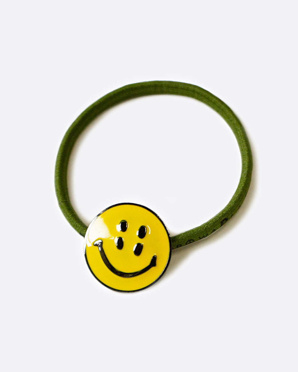 Kapital smiley hair tie in khaki green, shown from above.