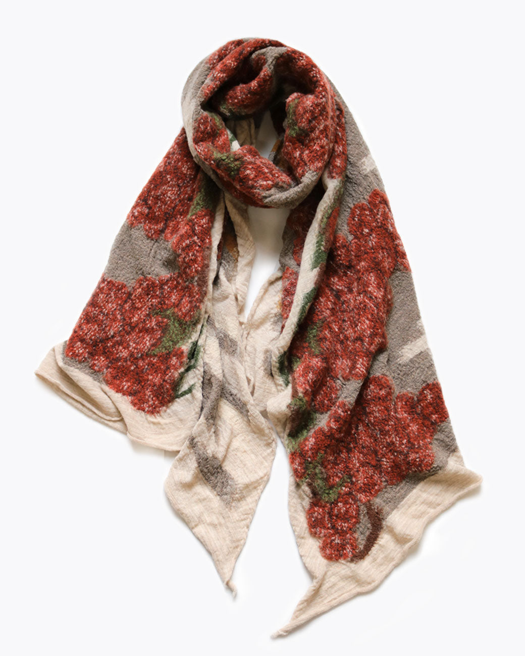 Kapital navajo vineyard scarf in red, shown wrapped up.