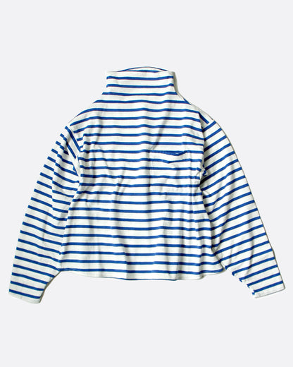 A white mock neck long sleeve shirt with blue horizontal stripes and a front pocket. Shown from the front.