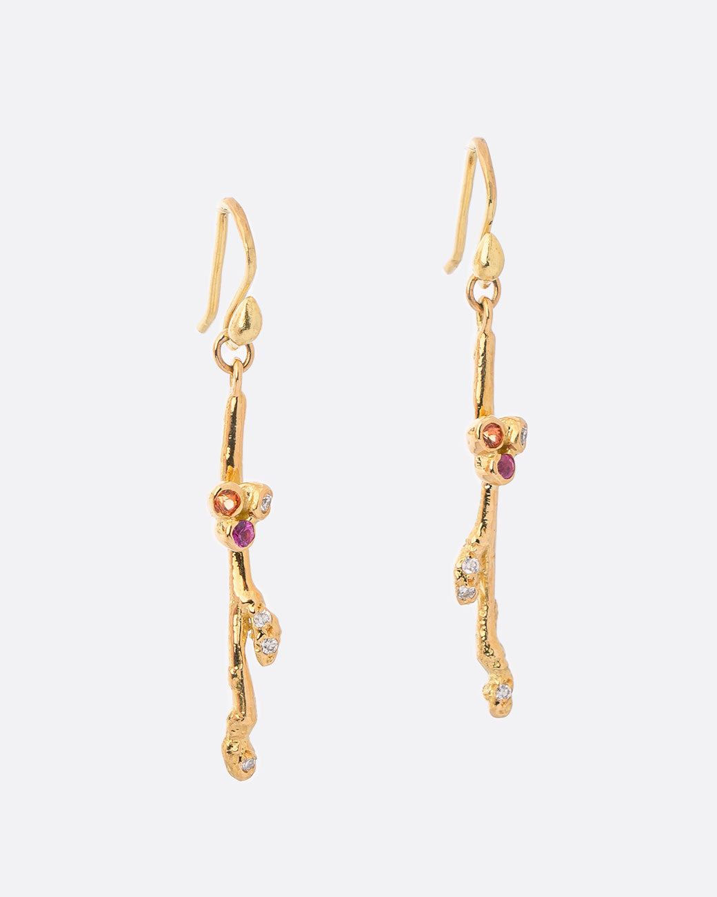18k yellow gold brand earrings with pink sapphires, orange sapphires, and diamonds by Kimberlin Brown, shown from the side.