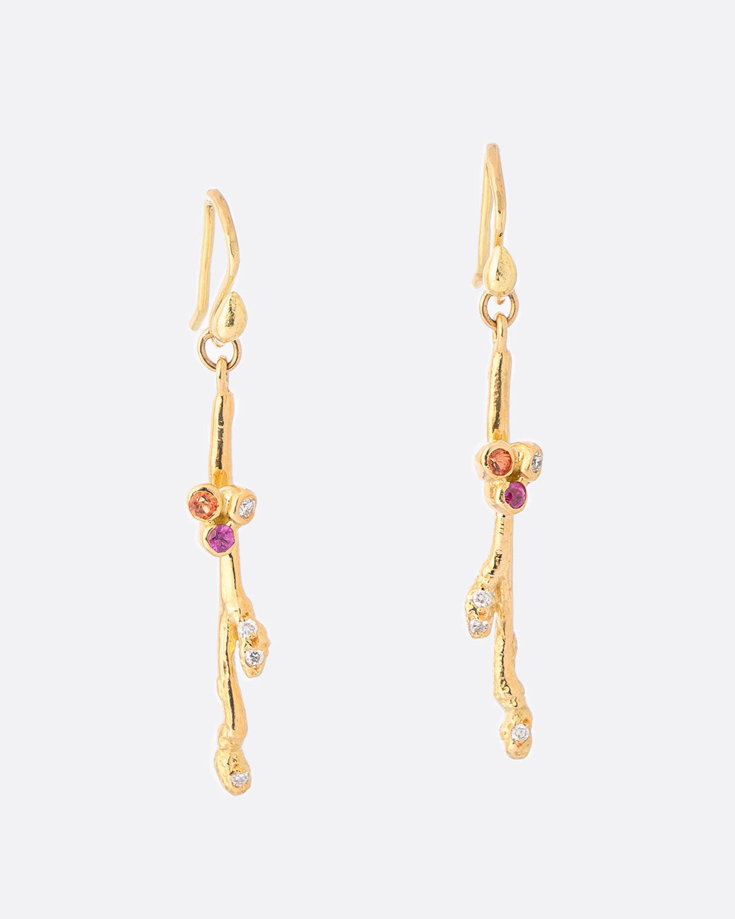 18k yellow gold brand earrings with pink sapphires, orange sapphires, and diamonds by Kimberlin Brown, shown from the front.