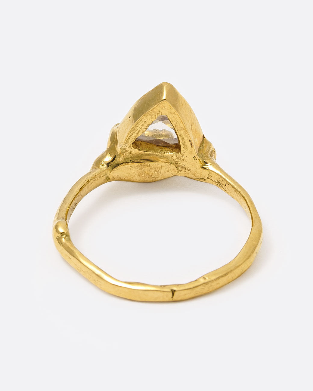 18k yellow gold anemone ring with triangular rose cut diamond and five round diamonds by Kimberlin Brown, shown from the back.