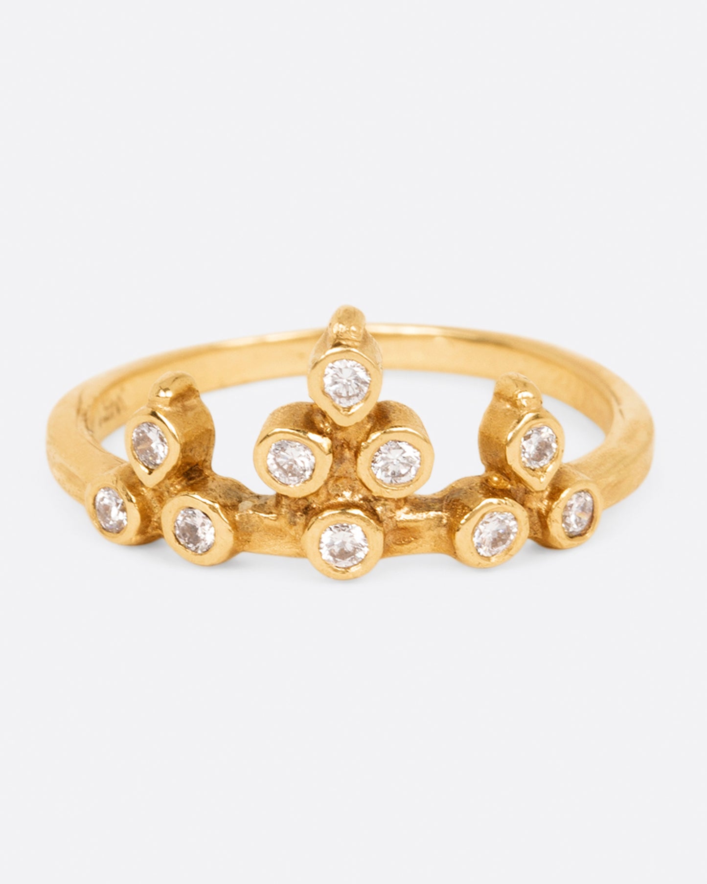 A yellow gold crown ring with round white diamonds, shown from the front.