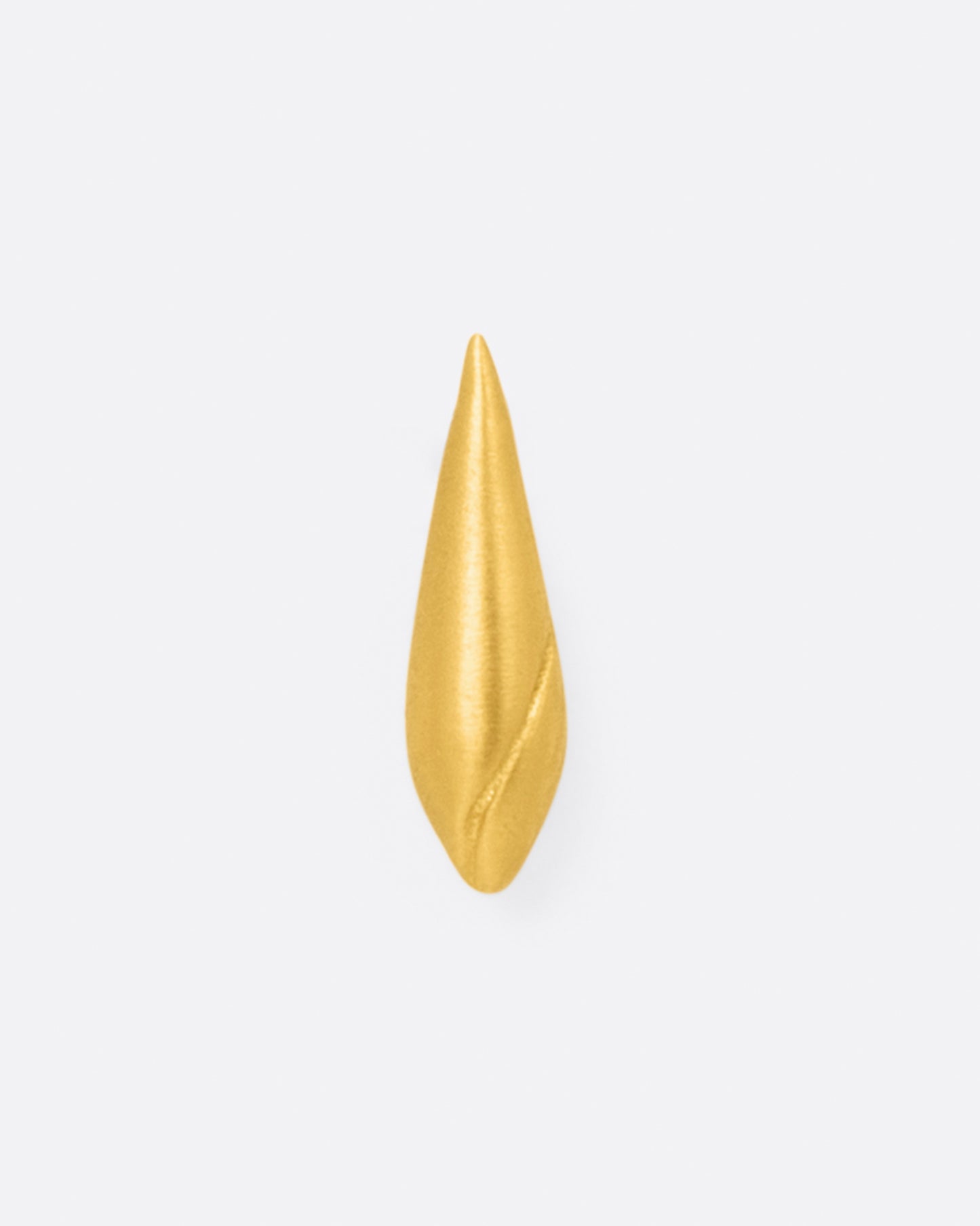 A cone shaped 22k yellow gold stud earring with a line following the curve of the earring, shown from the front.
