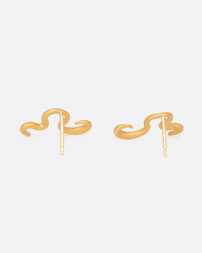 Yellow gold snake stud earrings, the pair from the side showing the posts