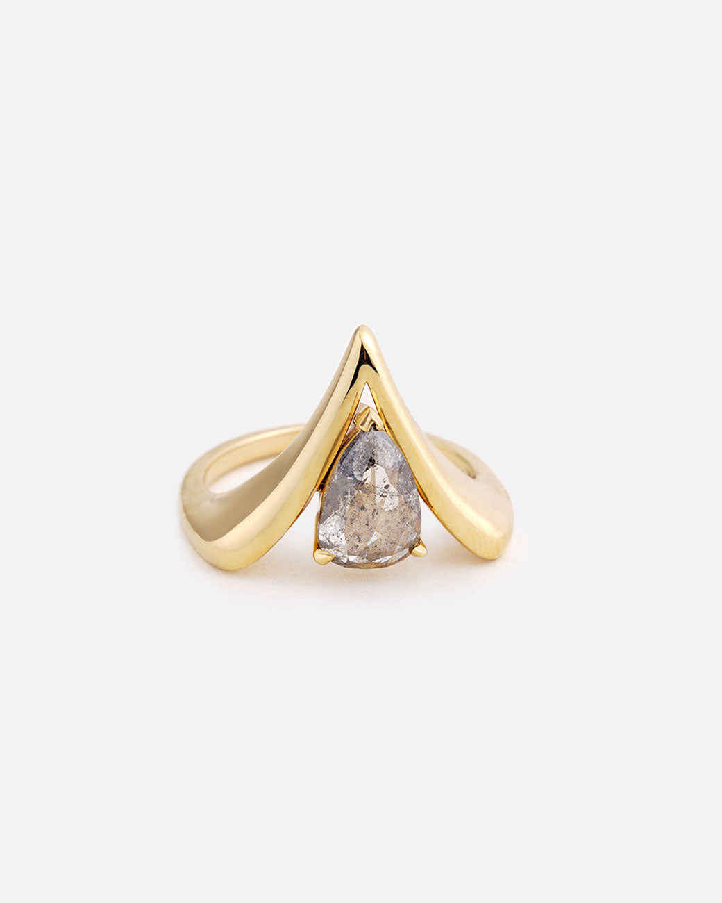 14k yellow gold V shaped ring with pear shaped salt and pepper diamond by Maggi Simpkins.