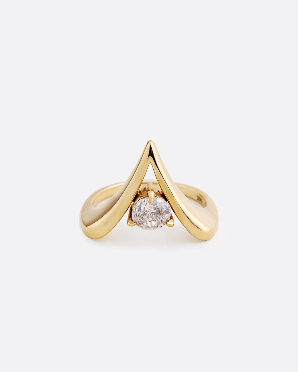 14k yellow gold V shaped ring with round diamond by Maggi Simpkins.