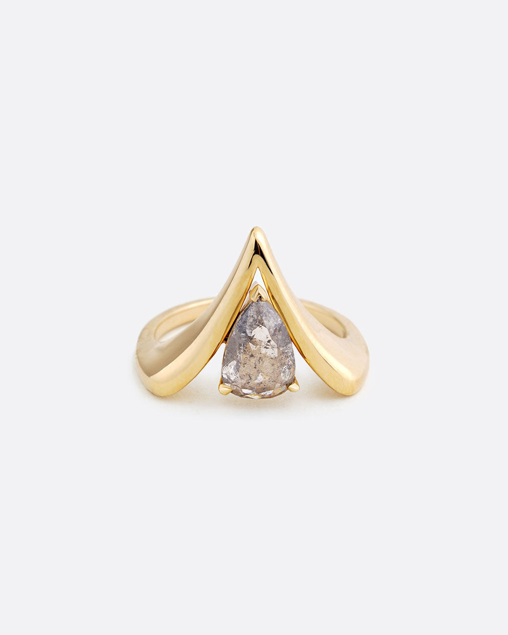 14k yellow gold V shaped ring with pear shaped salt and pepper diamond by Maggi Simpkins.