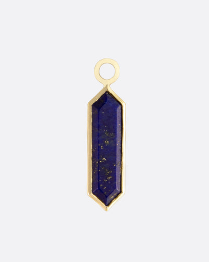 A yellow gold elongated hexagonal lapis dangle. Shown from the front.