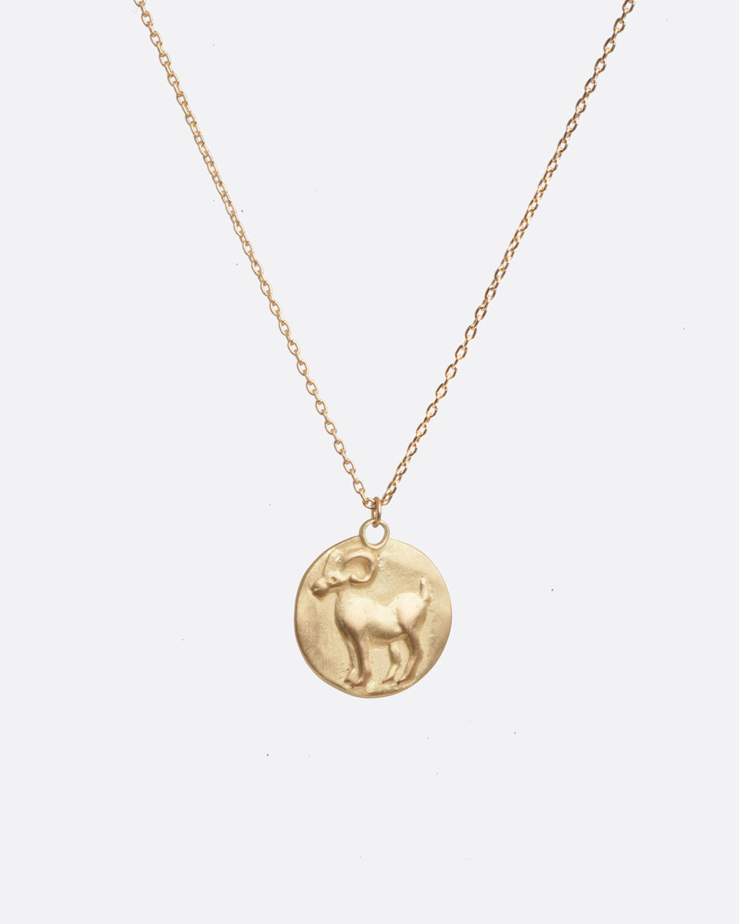 Close up birds eye view of gold disc pendant with Aries ram zodiac symbol on yellow gold chain